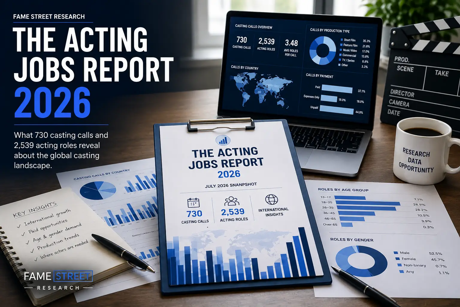 The Acting Jobs Report 2026 infographic showing July 2026 casting call statistics